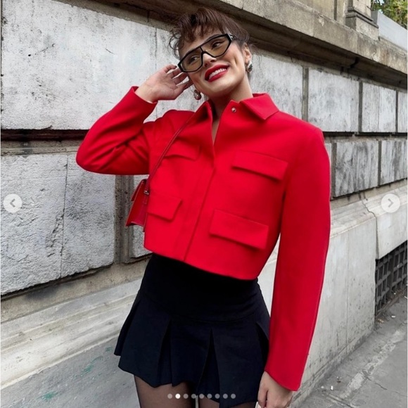 ZARA WOMEN RED SHORT CROPPED FLAP JACKET BLAZER WITH FLAPS - Picture 6 of 15